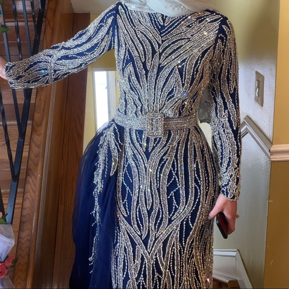 Fully covered Royal blue Formal Dress with removable side skirt